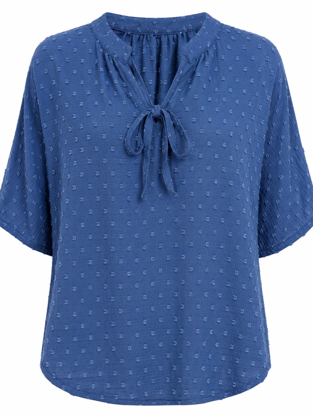 SHEIN Curve Blue Swiss Dot Tie Neck Peasant Blouse Plus Size 0XL Boho